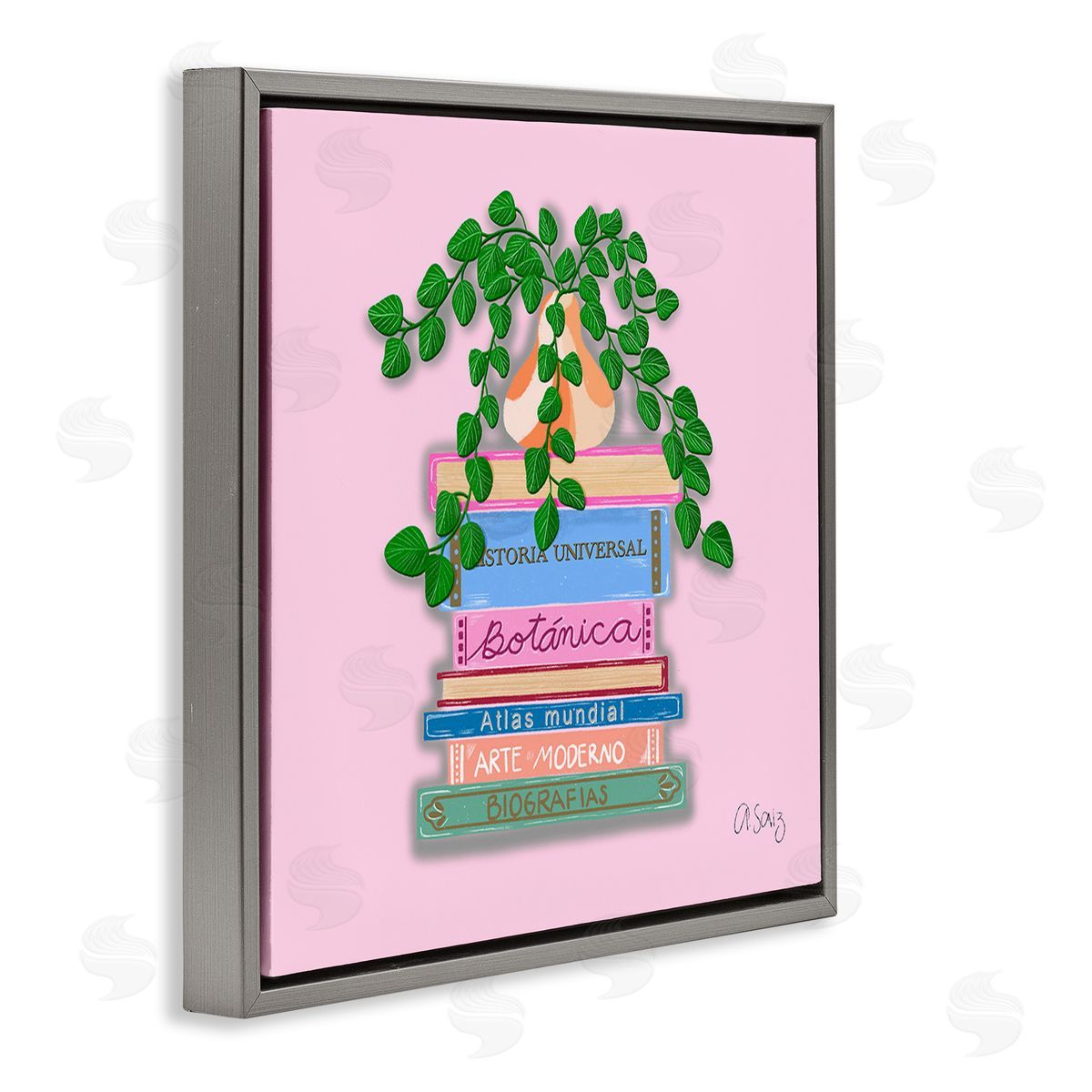 Ale Saiz Studio Bookstack with Plant Vase Gray Floating Frame Canvas Wall Art Print