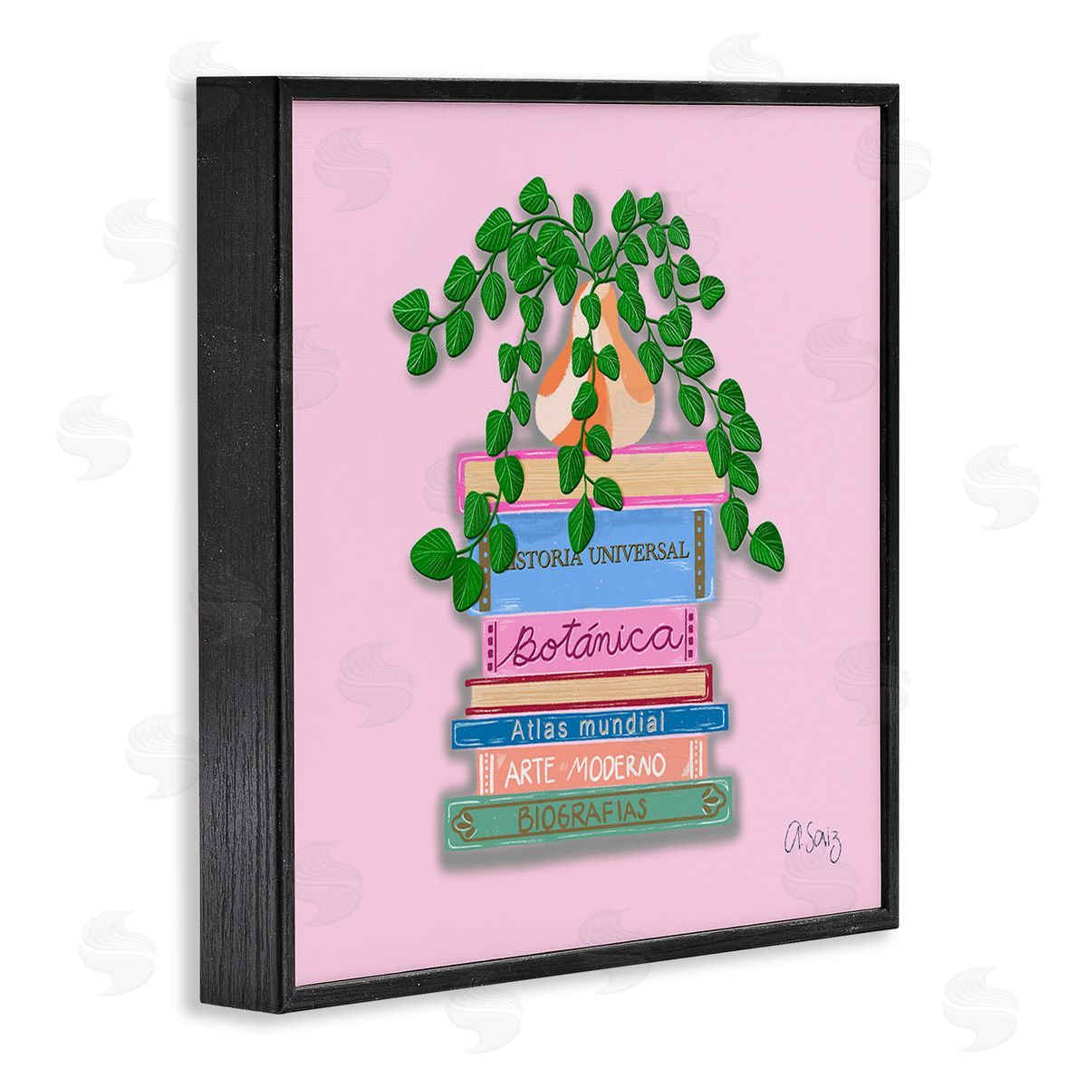 Ale Saiz Studio Bookstack with Plant Vase Black Framed Giclee Wall Art Print