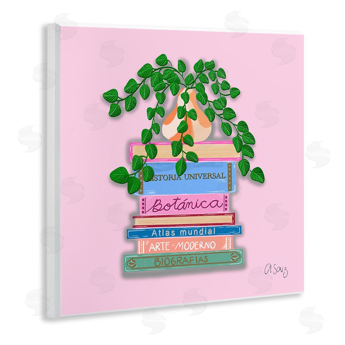 Ale Saiz Studio Bookstack with Plant Vase Wooden Wall Plaque Art Print