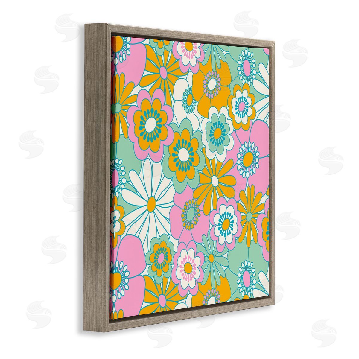 Carrie Cantwell Groovy Flower Pattern Brown Floating Frame Canvas Wall Art Print