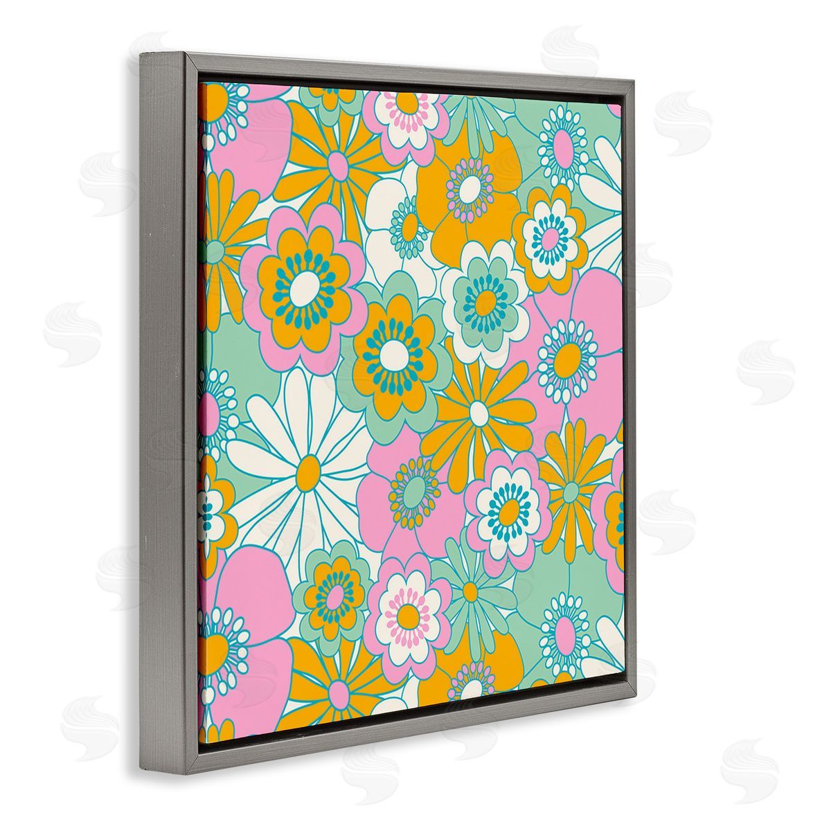 Carrie Cantwell Groovy Flower Pattern Gray Floating Frame Canvas Wall Art Print