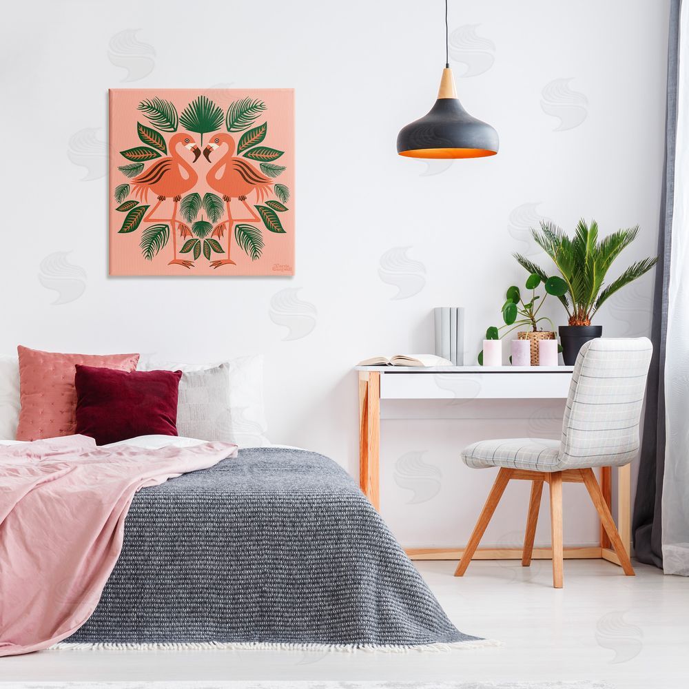 Carrie Cantwell Symmetrical Tropical Flamingos Canvas Wall Art Print in Room