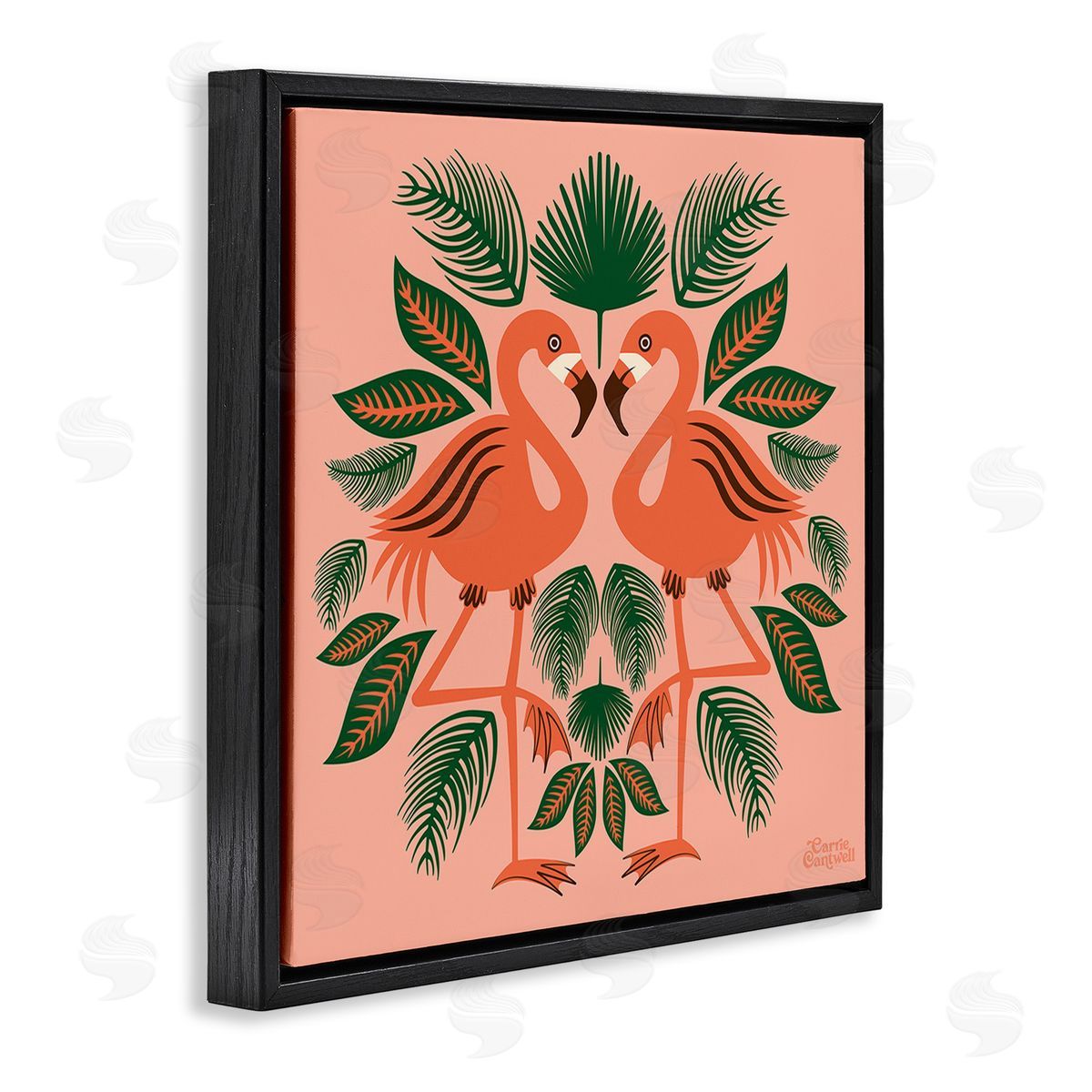 Carrie Cantwell Symmetrical Tropical Flamingos Black Floating Frame Canvas Wall Art Print