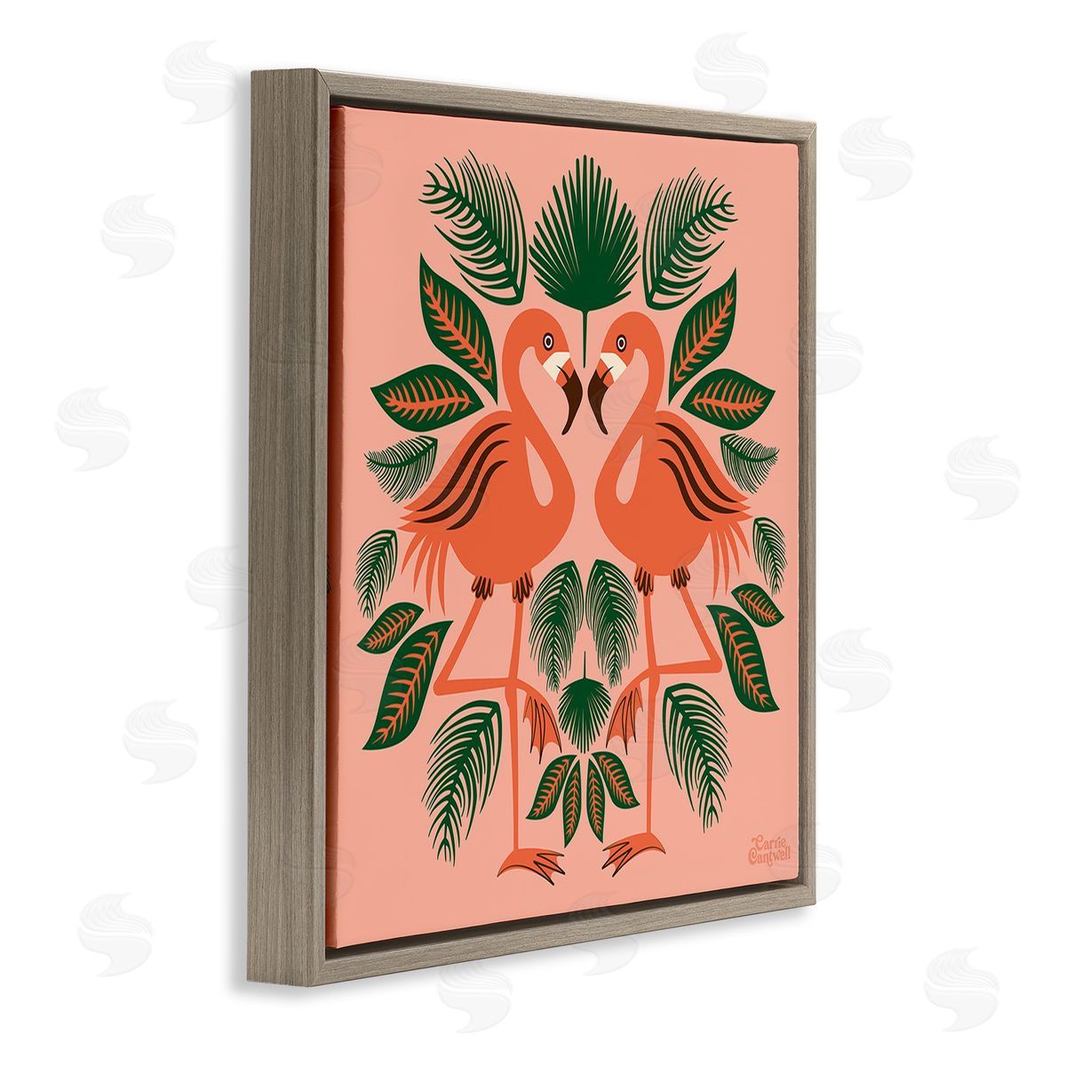 Carrie Cantwell Symmetrical Tropical Flamingos Brown Floating Frame Canvas Wall Art Print