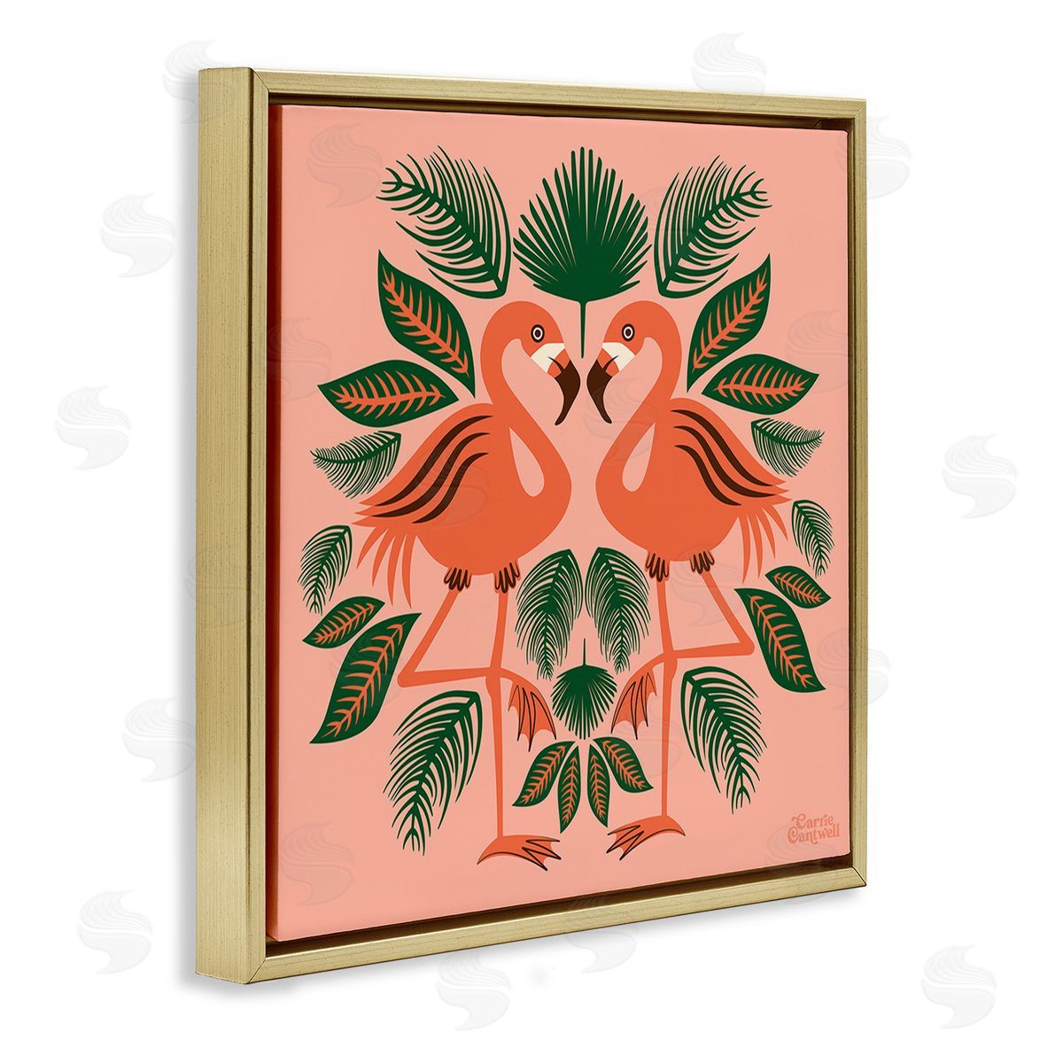 Carrie Cantwell Symmetrical Tropical Flamingos Gold Floating Frame Canvas Wall Art Print