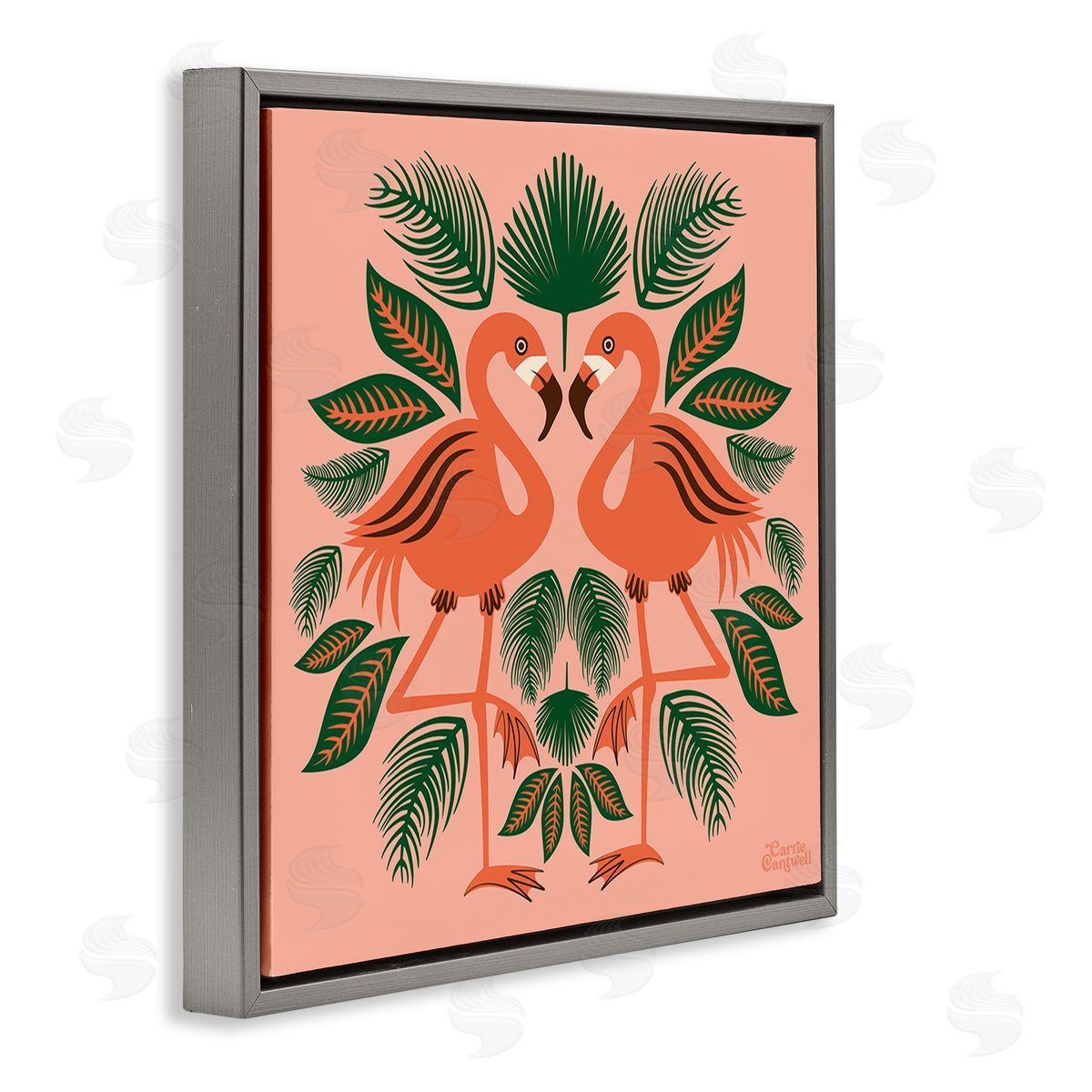 Carrie Cantwell Symmetrical Tropical Flamingos Gray Floating Frame Canvas Wall Art Print