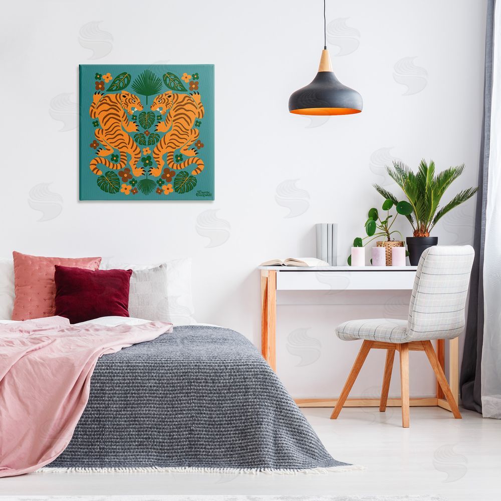 Carrie Cantwell Symmetrical Tigers & Nature Canvas Wall Art Print in Room