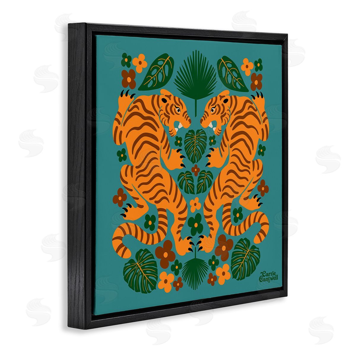 Carrie Cantwell Symmetrical Tigers & Nature Black Floating Frame Canvas Wall Art Print