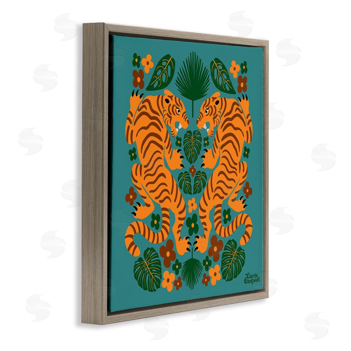 Carrie Cantwell Symmetrical Tigers & Nature Brown Floating Frame Canvas Wall Art Print