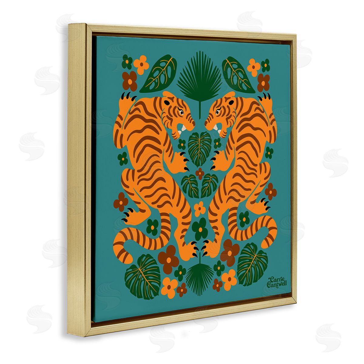 Carrie Cantwell Symmetrical Tigers & Nature Gold Floating Frame Canvas Wall Art Print