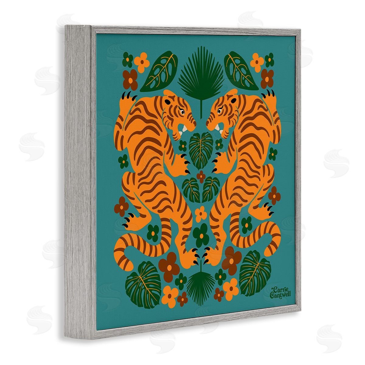 Carrie Cantwell Symmetrical Tigers & Nature Gray Framed Giclee Wall Art Print