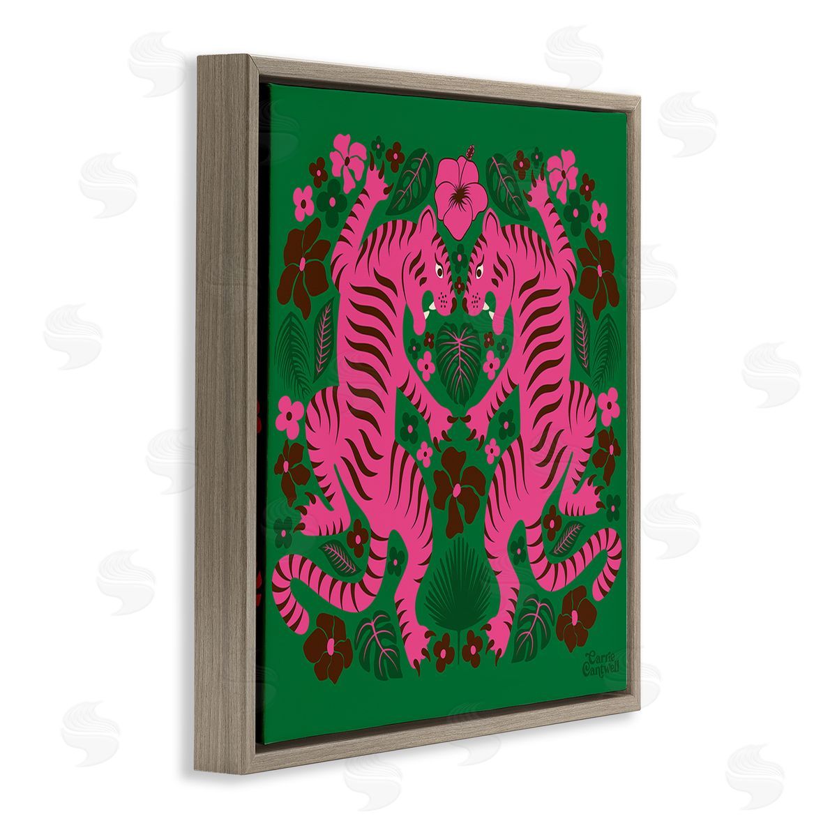 Carrie Cantwell Tropical Tigers Pattern Brown Floating Frame Canvas Wall Art Print