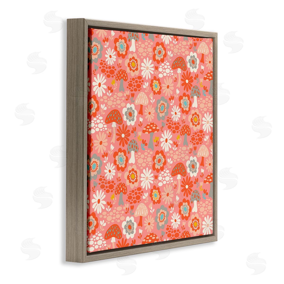 Carrie Cantwell Mushroom & Floral Pattern Brown Floating Frame Canvas Wall Art Print