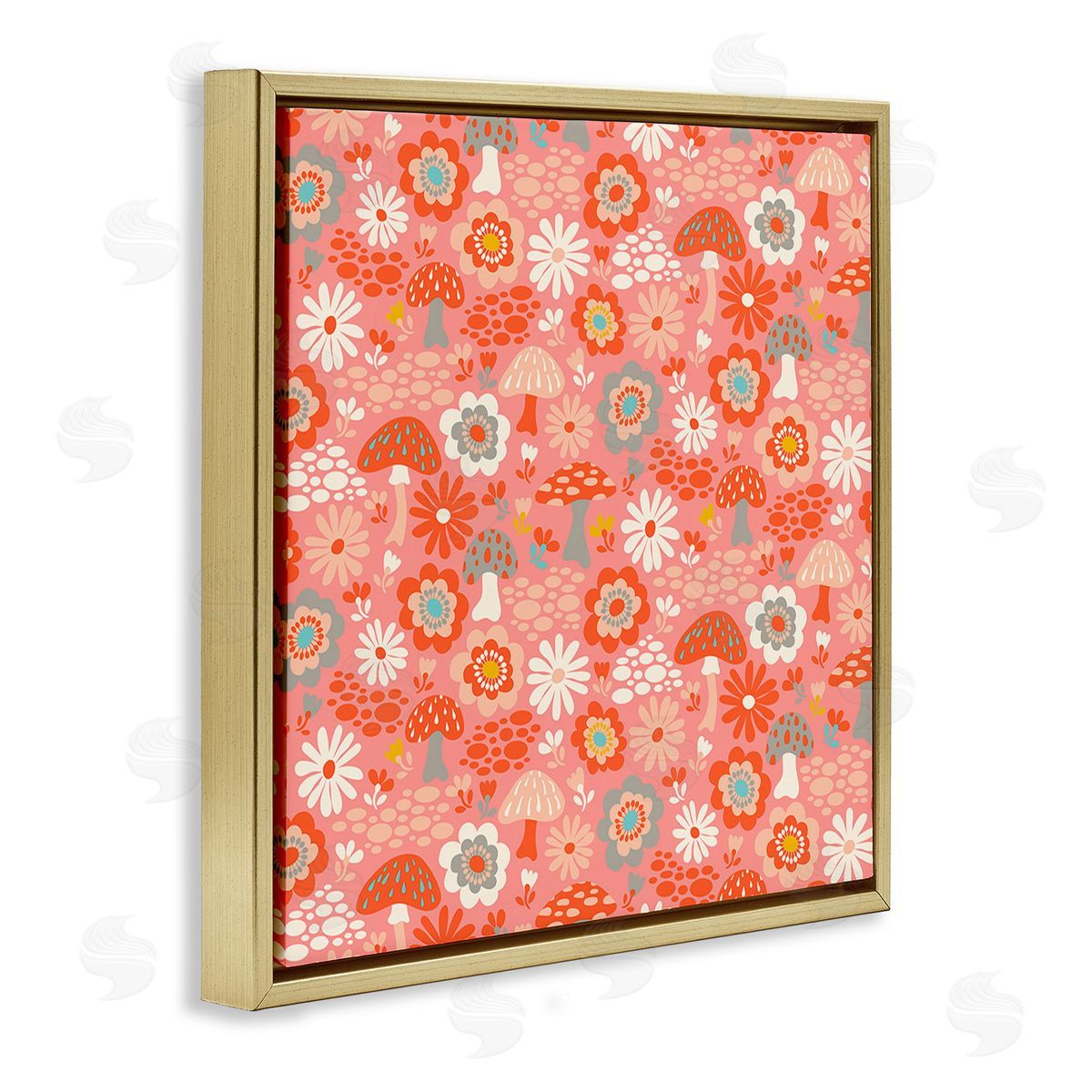 Carrie Cantwell Mushroom & Floral Pattern Gold Floating Frame Canvas Wall Art Print
