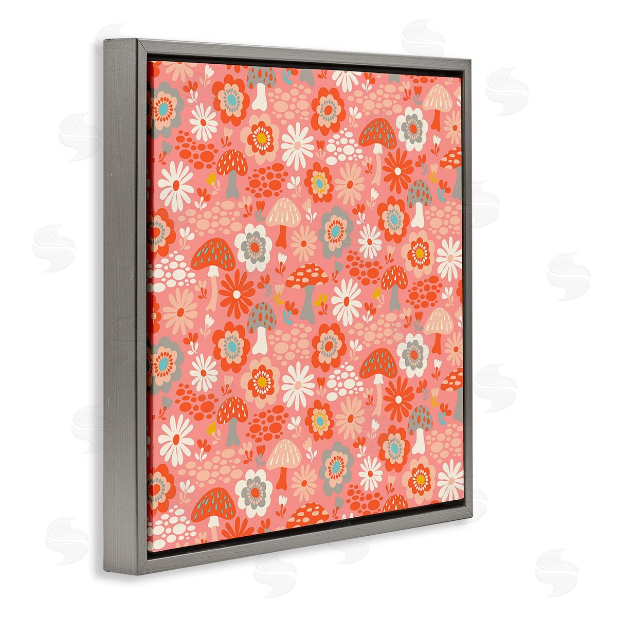 Carrie Cantwell Mushroom & Floral Pattern Gray Floating Frame Canvas Wall Art Print