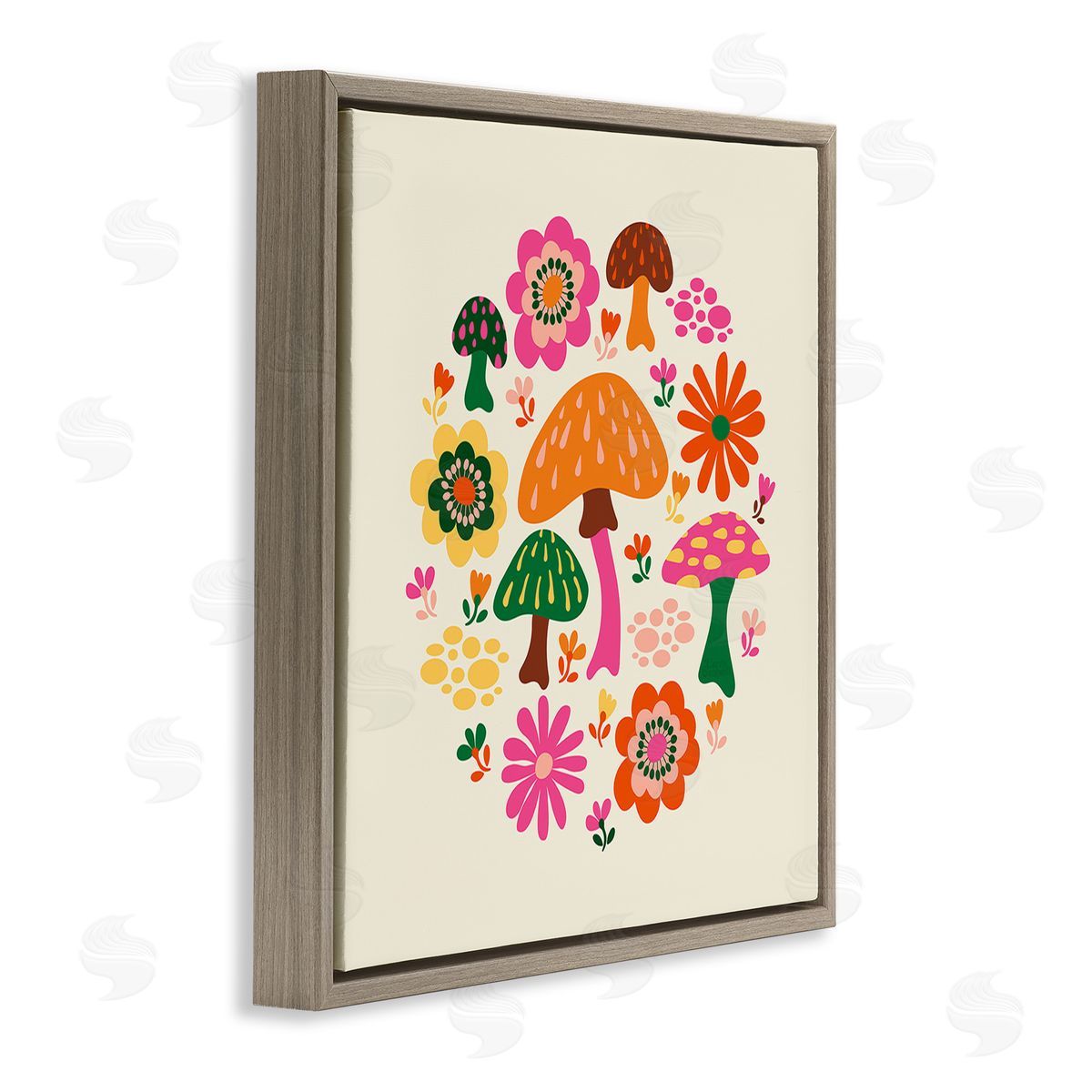 Carrie Cantwell Groovy Mushrooms & Daisies Brown Floating Frame Canvas Wall Art Print