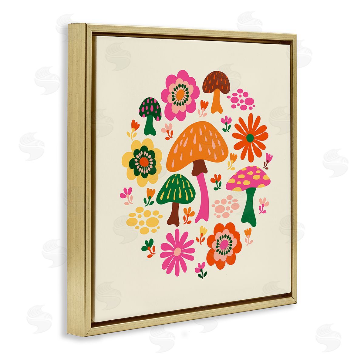 Carrie Cantwell Groovy Mushrooms & Daisies Gold Floating Frame Canvas Wall Art Print