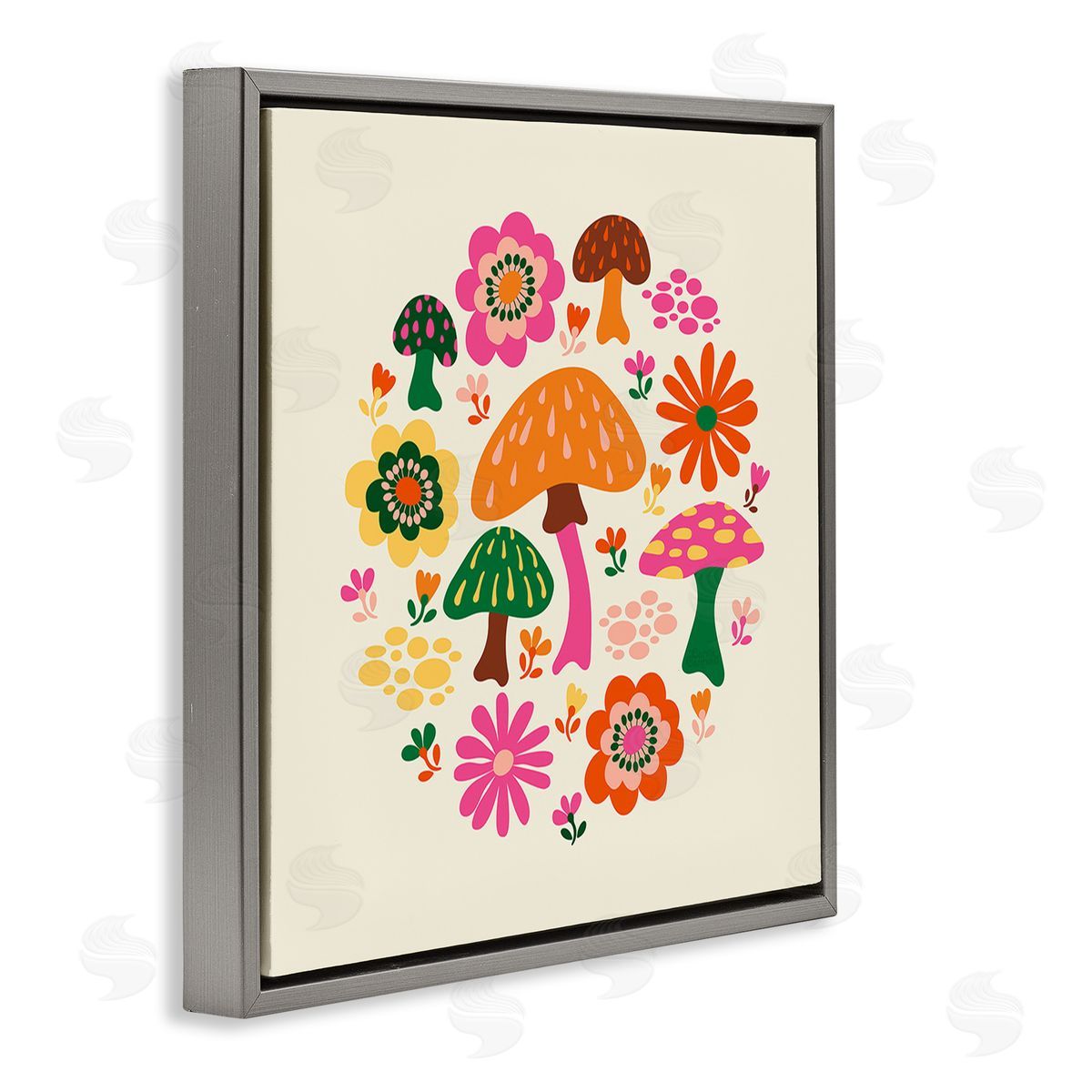 Carrie Cantwell Groovy Mushrooms & Daisies Gray Floating Frame Canvas Wall Art Print