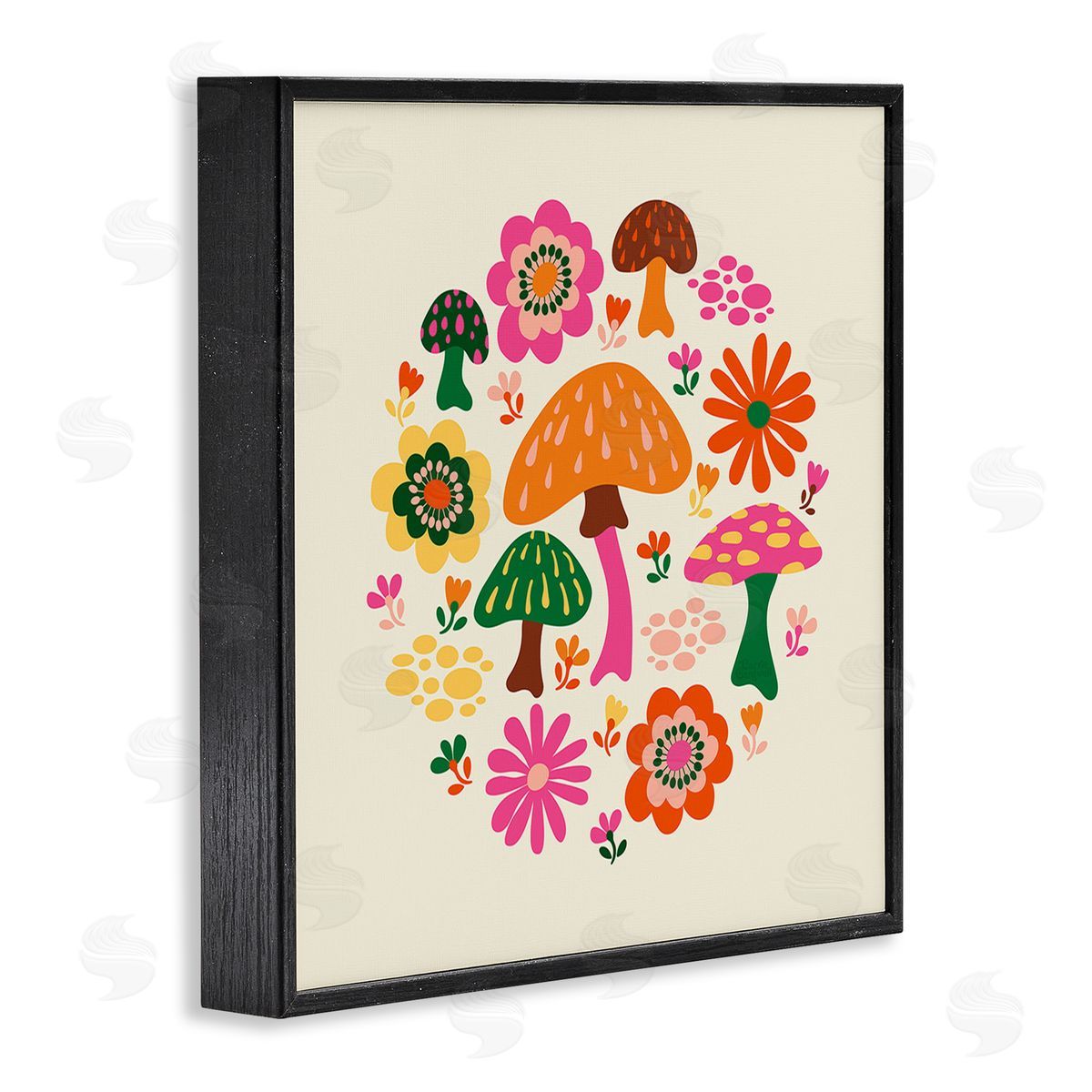 Carrie Cantwell Groovy Mushrooms & Daisies Black Framed Giclee Wall Art Print