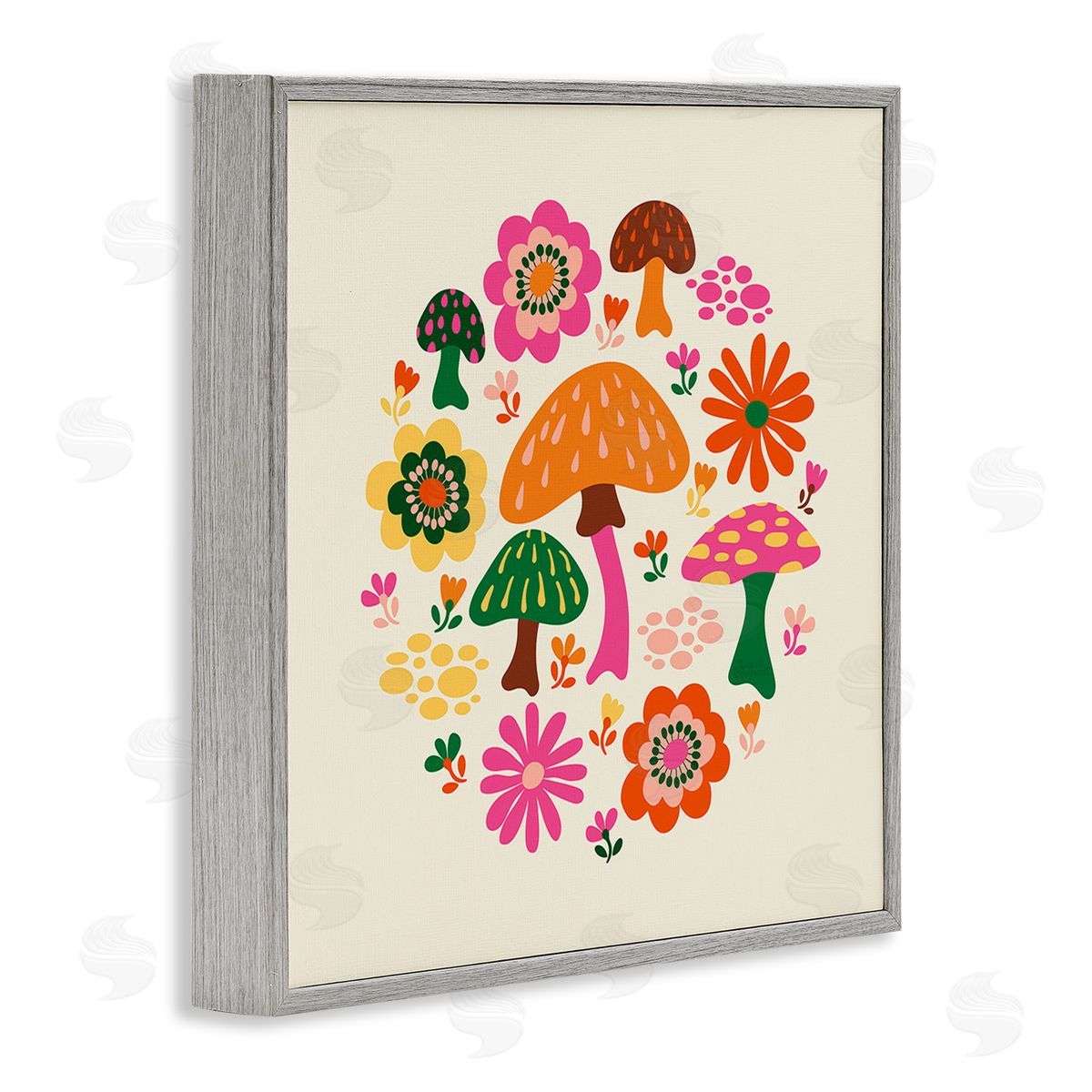 Carrie Cantwell Groovy Mushrooms & Daisies Gray Framed Giclee Wall Art Print