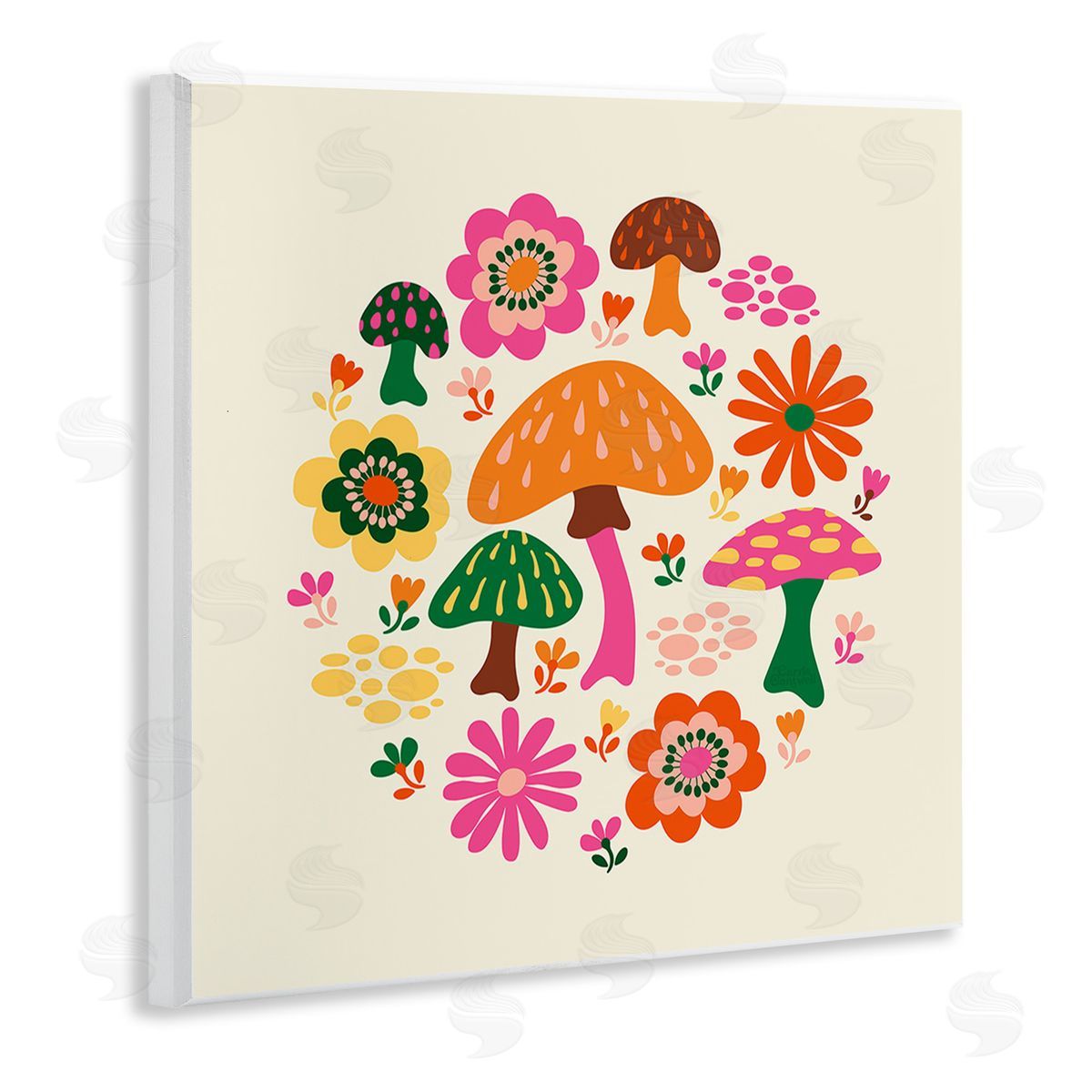 Carrie Cantwell Groovy Mushrooms & Daisies Wooden Wall Plaque Art Print