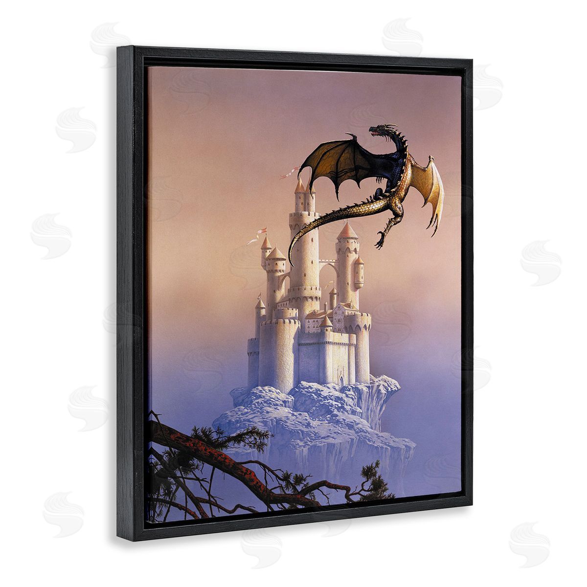 Ciruelo Magical Dragon & Castle Black Floating Frame Canvas Wall Art Print