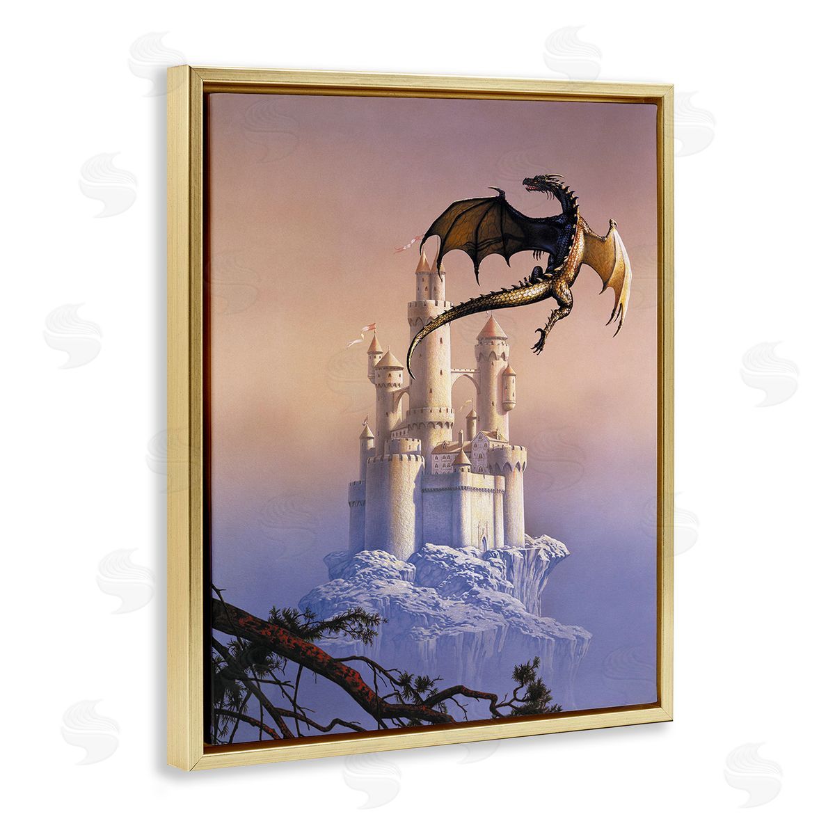 Ciruelo Magical Dragon & Castle Gold Floating Frame Canvas Wall Art Print