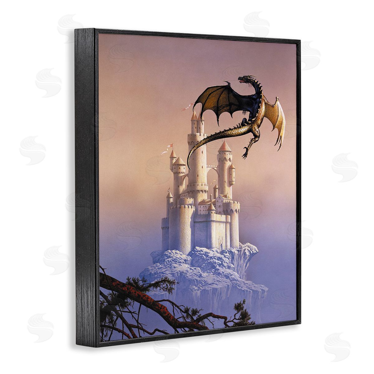 Ciruelo Magical Dragon & Castle Black Framed Giclee Wall Art Print