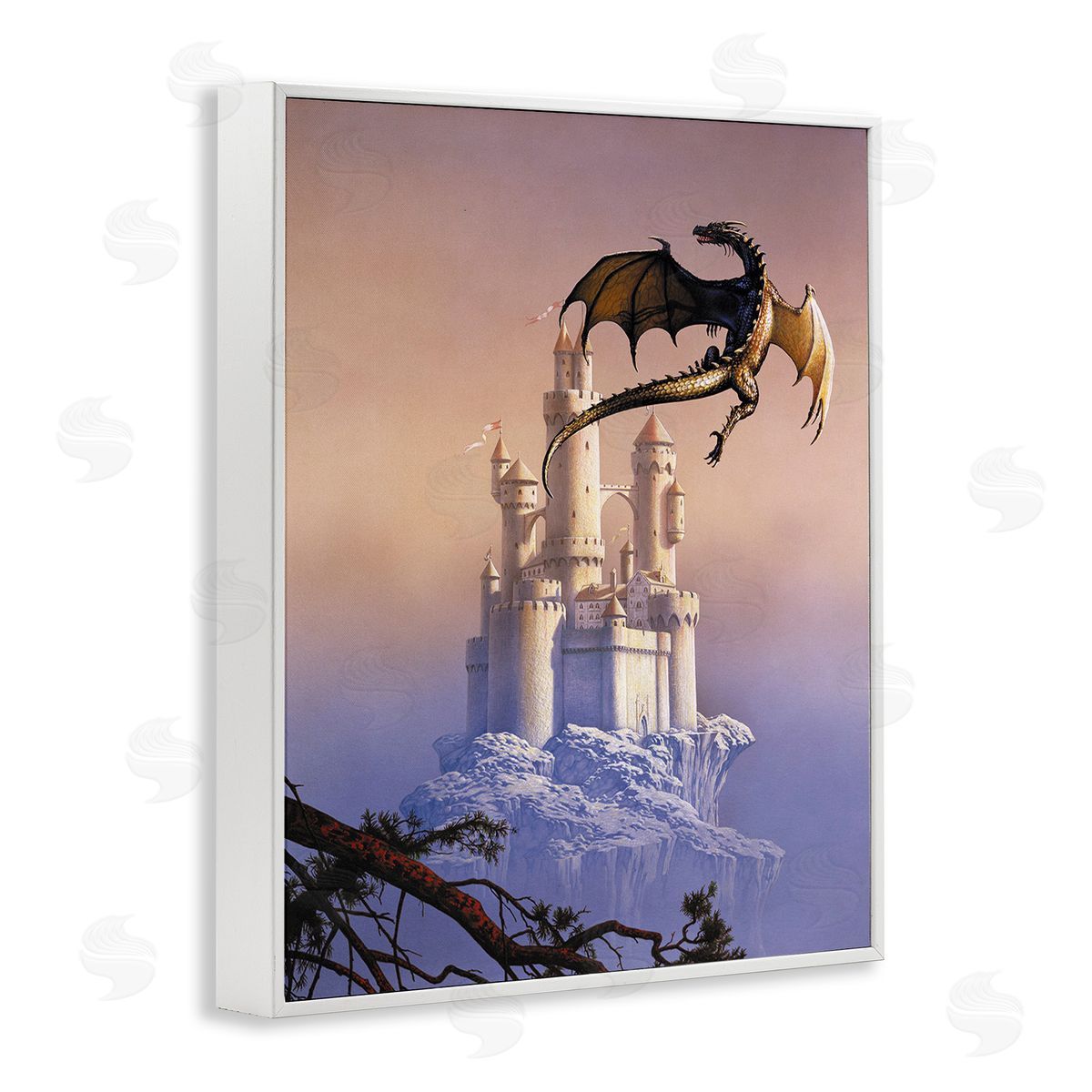 Ciruelo Magical Dragon & Castle White Framed Giclee Wall Art Print