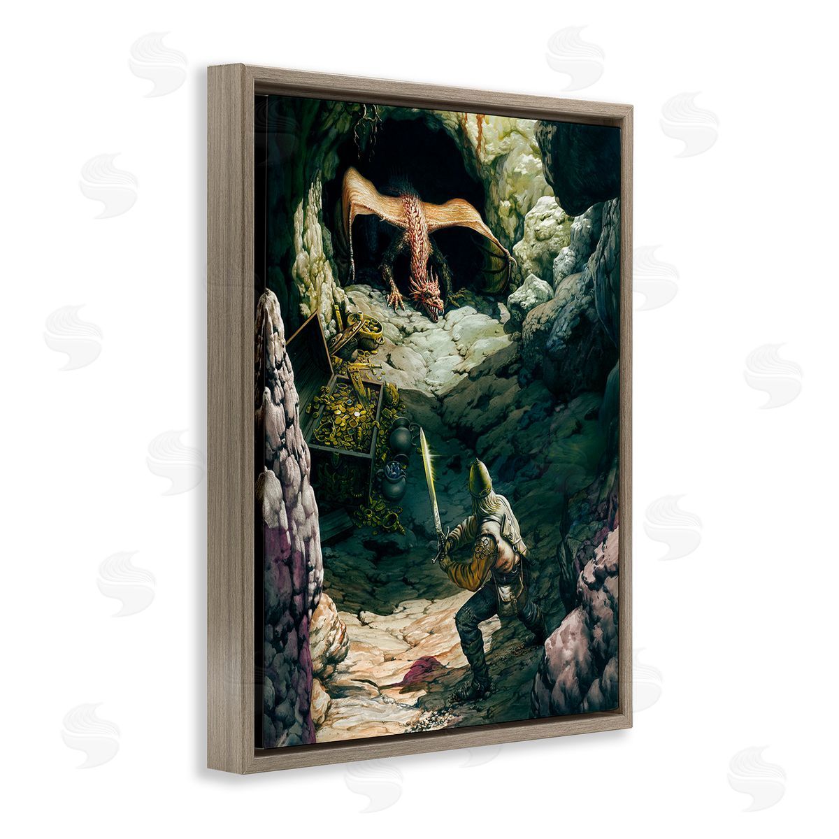 Ciruelo Dragon & Knight Battle Brown Floating Frame Canvas Wall Art Print
