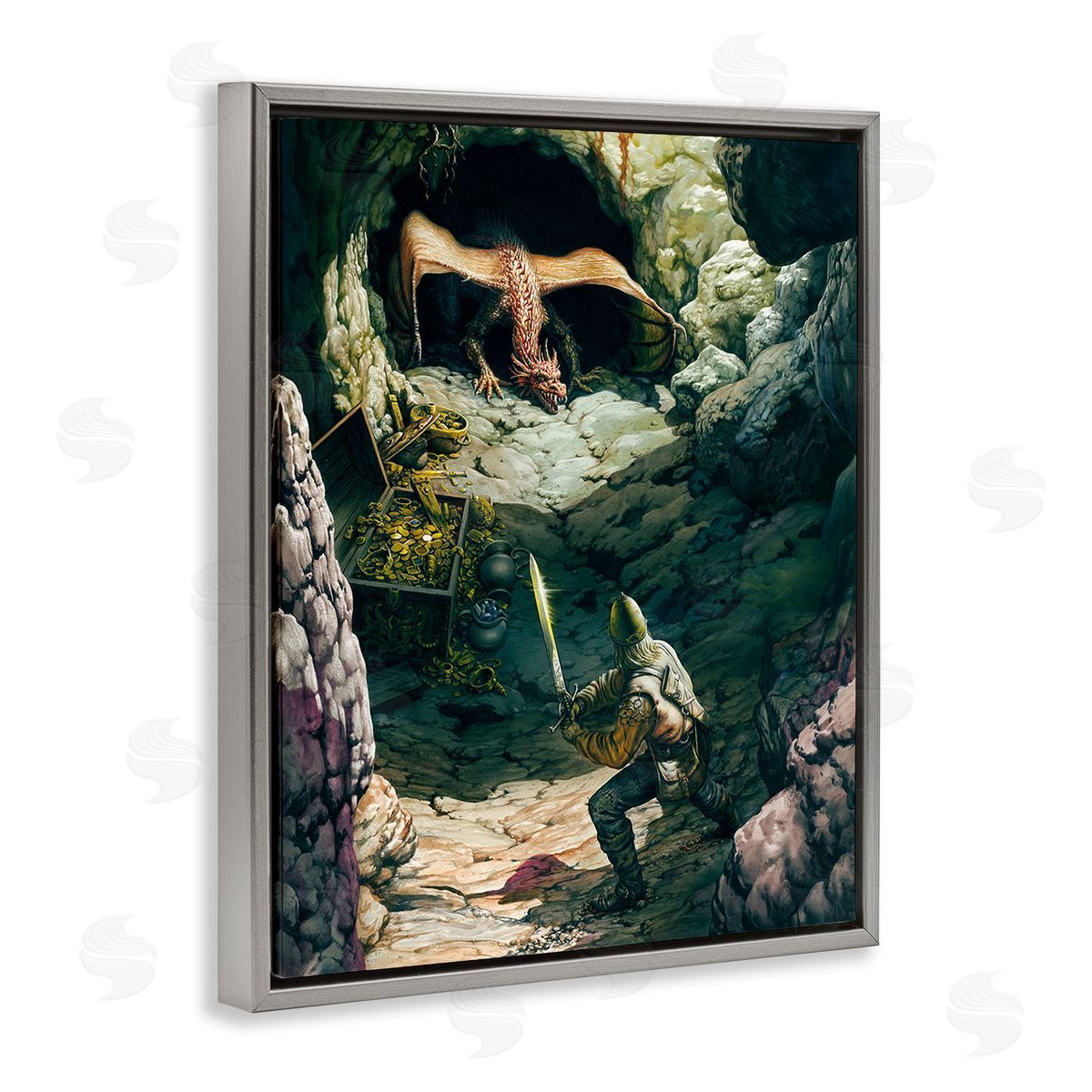 Ciruelo Dragon & Knight Battle Gray Floating Frame Canvas Wall Art Print