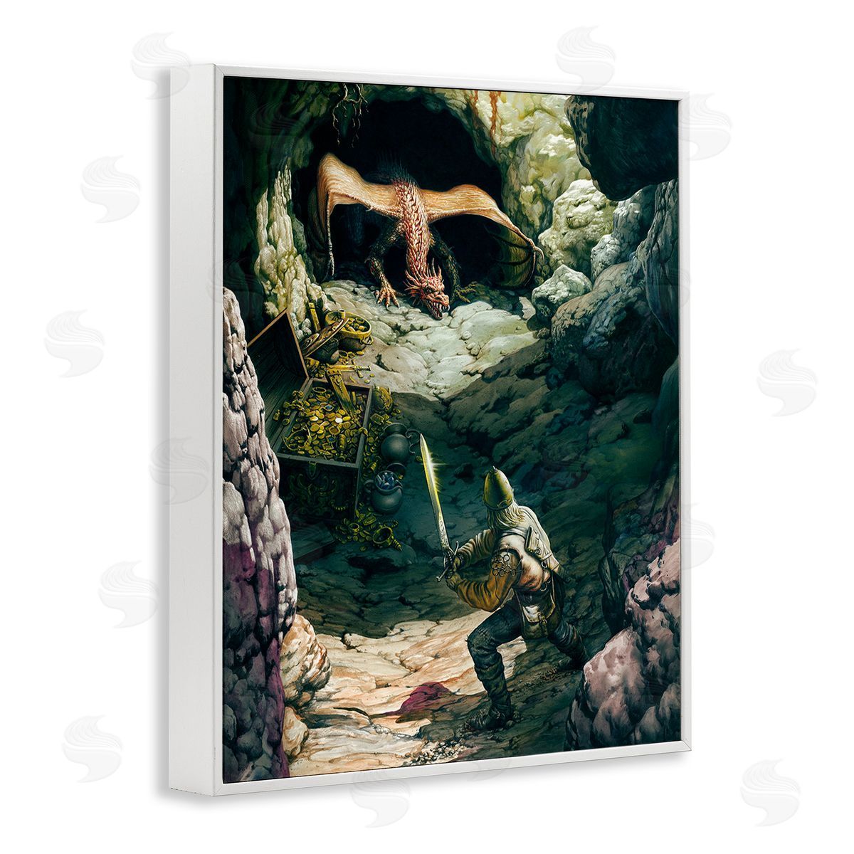 Ciruelo Dragon & Knight Battle White Framed Giclee Wall Art Print