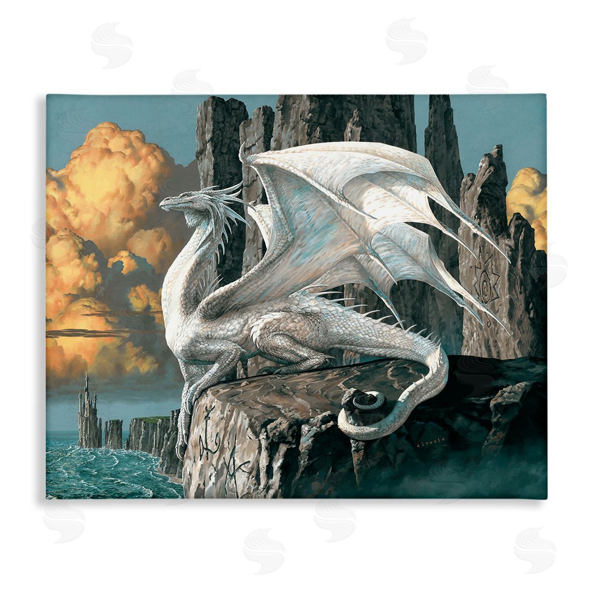 Ciruelo Dragon Perched on Cliff Canvas Wall Art Print
