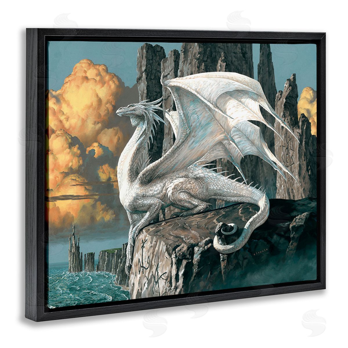 Ciruelo Dragon Perched on Cliff Black Floating Frame Canvas Wall Art Print