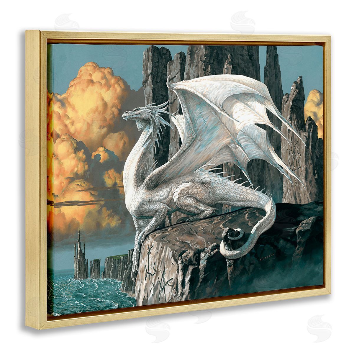 Ciruelo Dragon Perched on Cliff Gold Floating Frame Canvas Wall Art Print