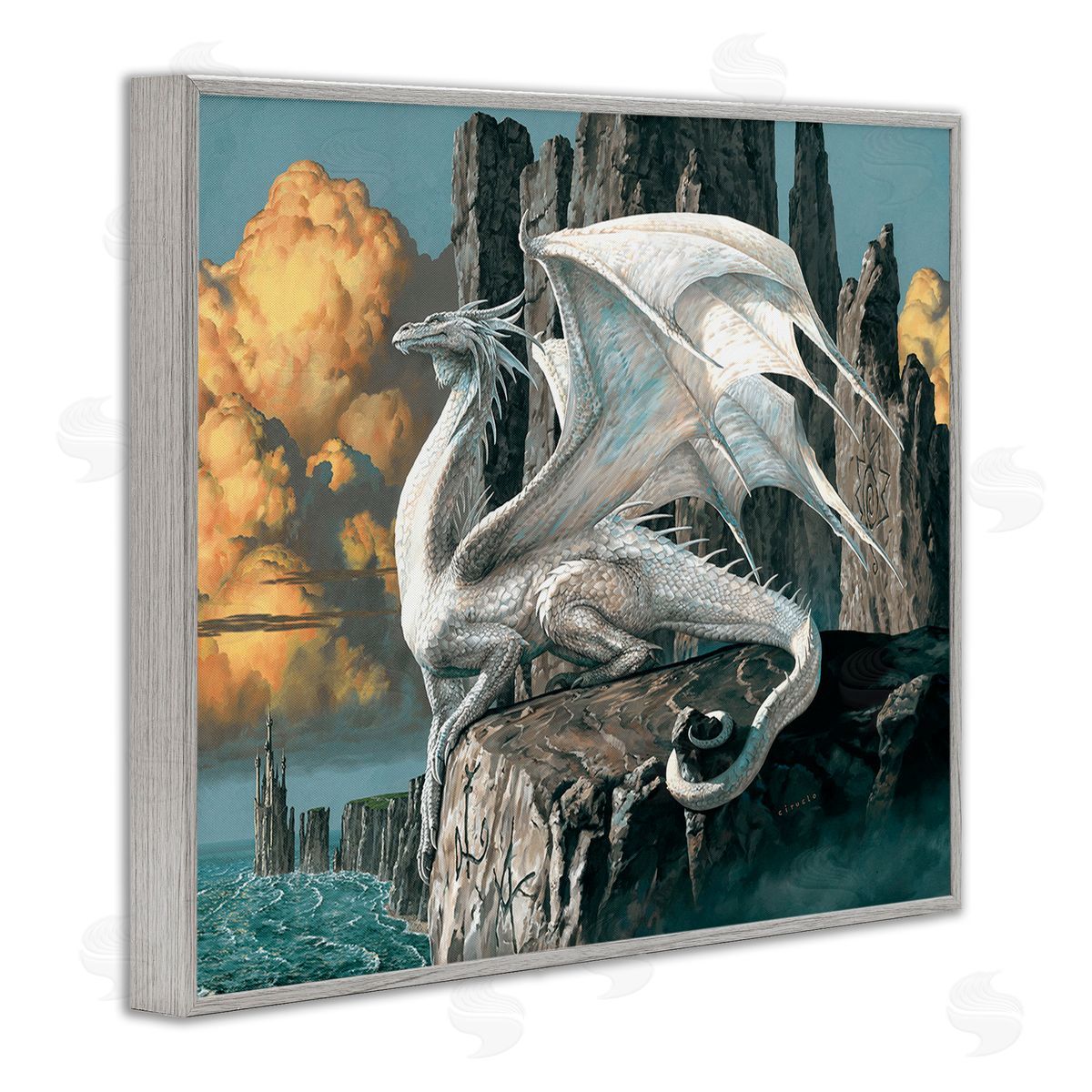 Ciruelo Dragon Perched on Cliff Gray Framed Giclee Wall Art Print