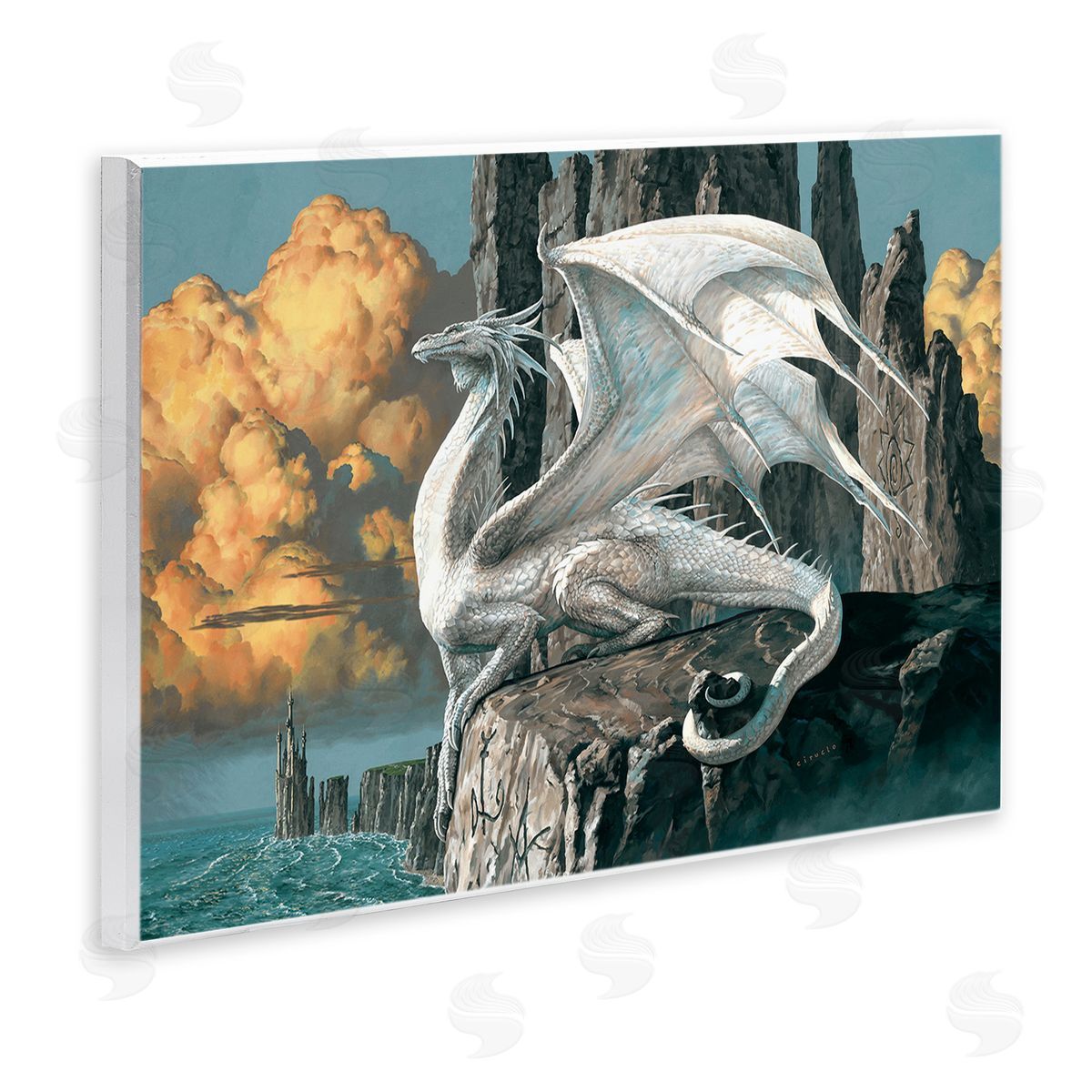 Ciruelo Dragon Perched on Cliff Wooden Wall Plaque Art Print