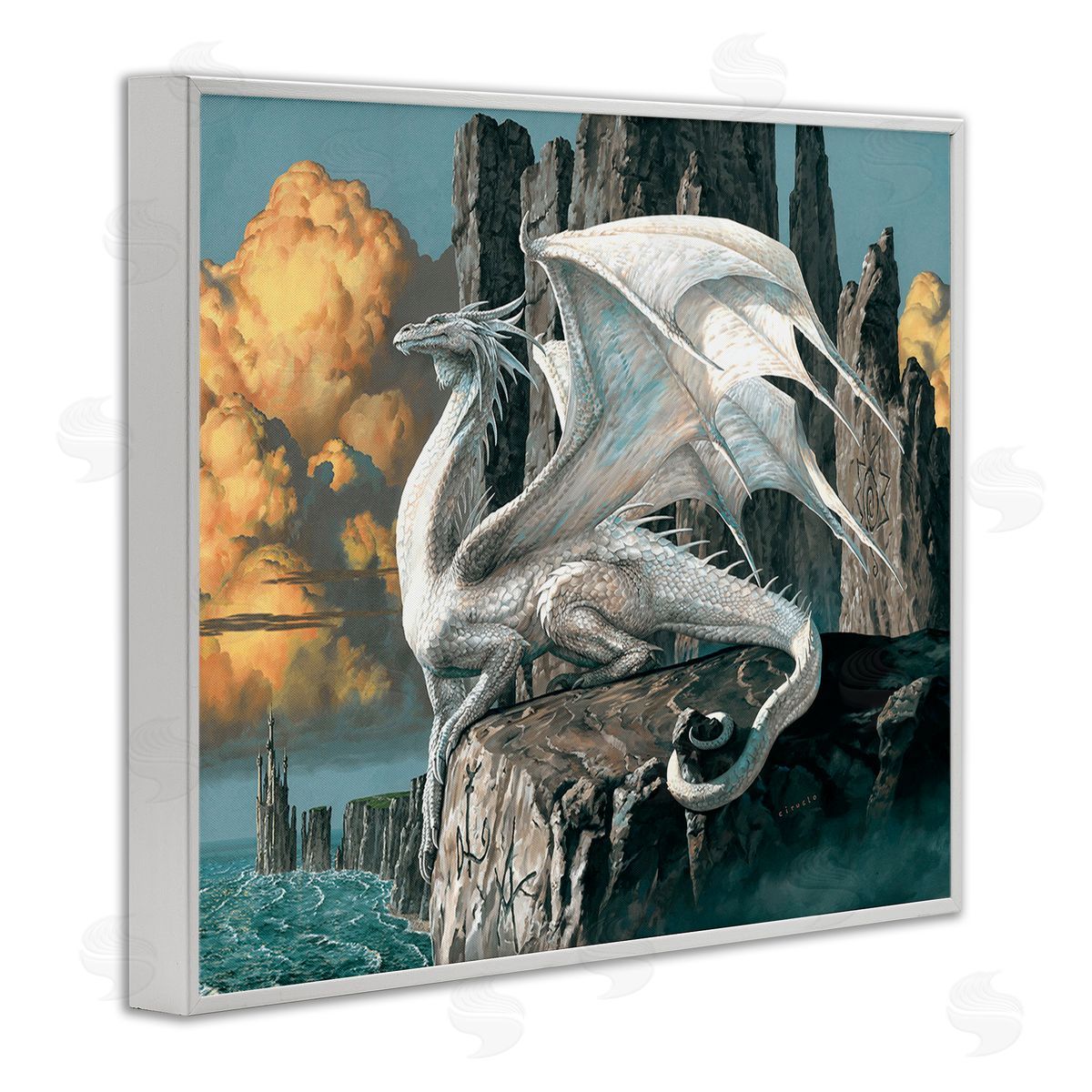 Ciruelo Dragon Perched on Cliff White Framed Giclee Wall Art Print