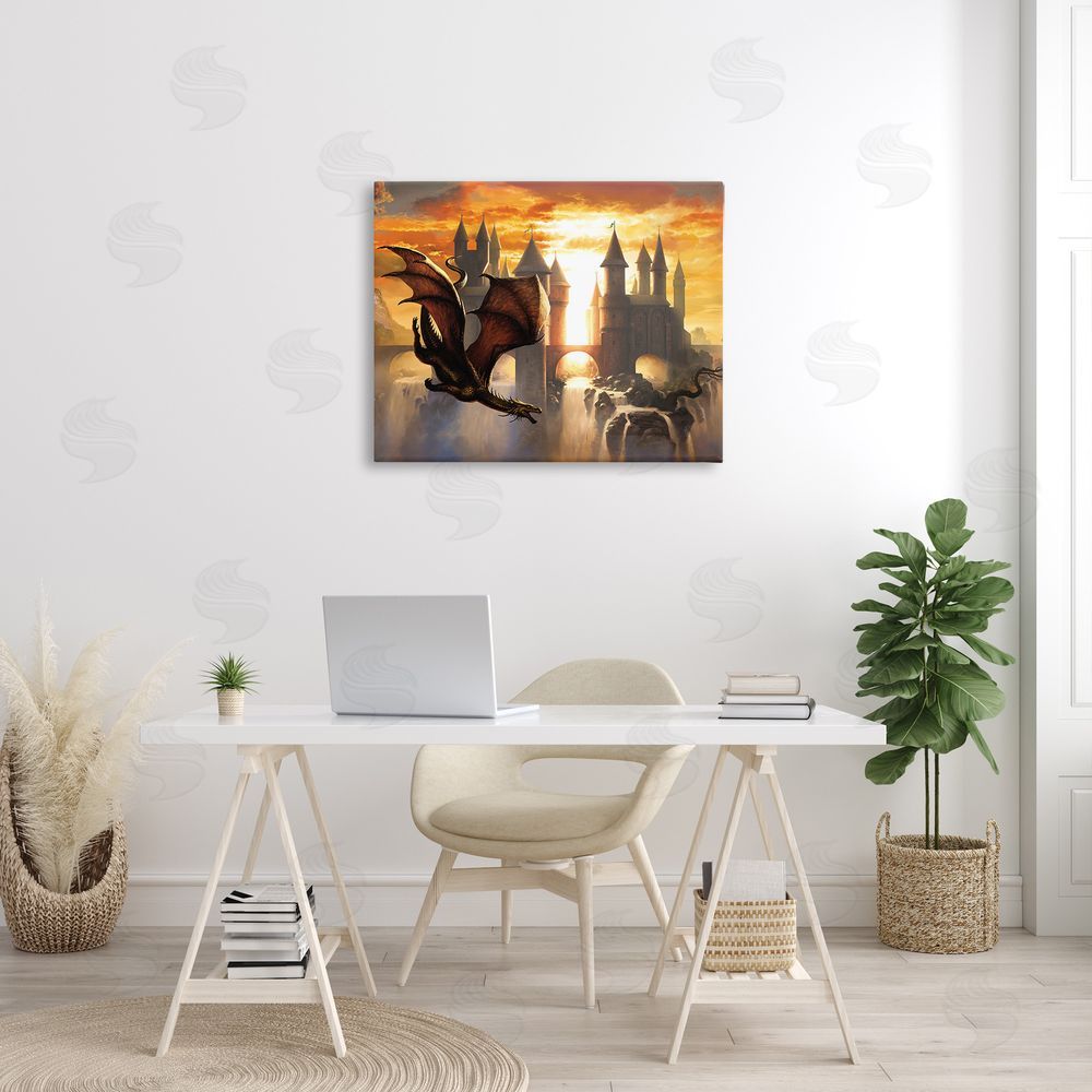Ciruelo Dragon & Castle Waterfall Canvas Wall Art Print in Room