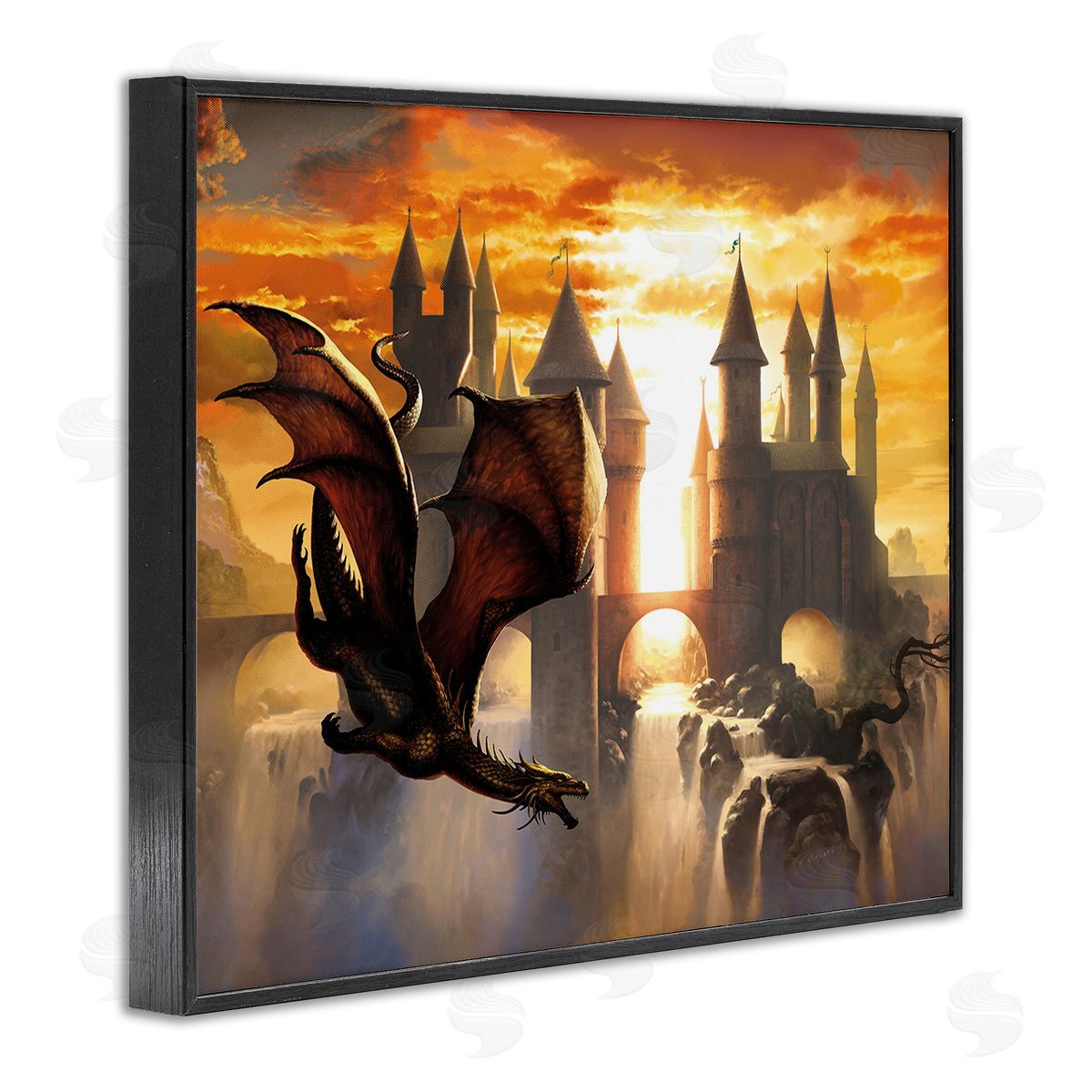 Ciruelo Dragon & Castle Waterfall Black Framed Giclee Wall Art Print
