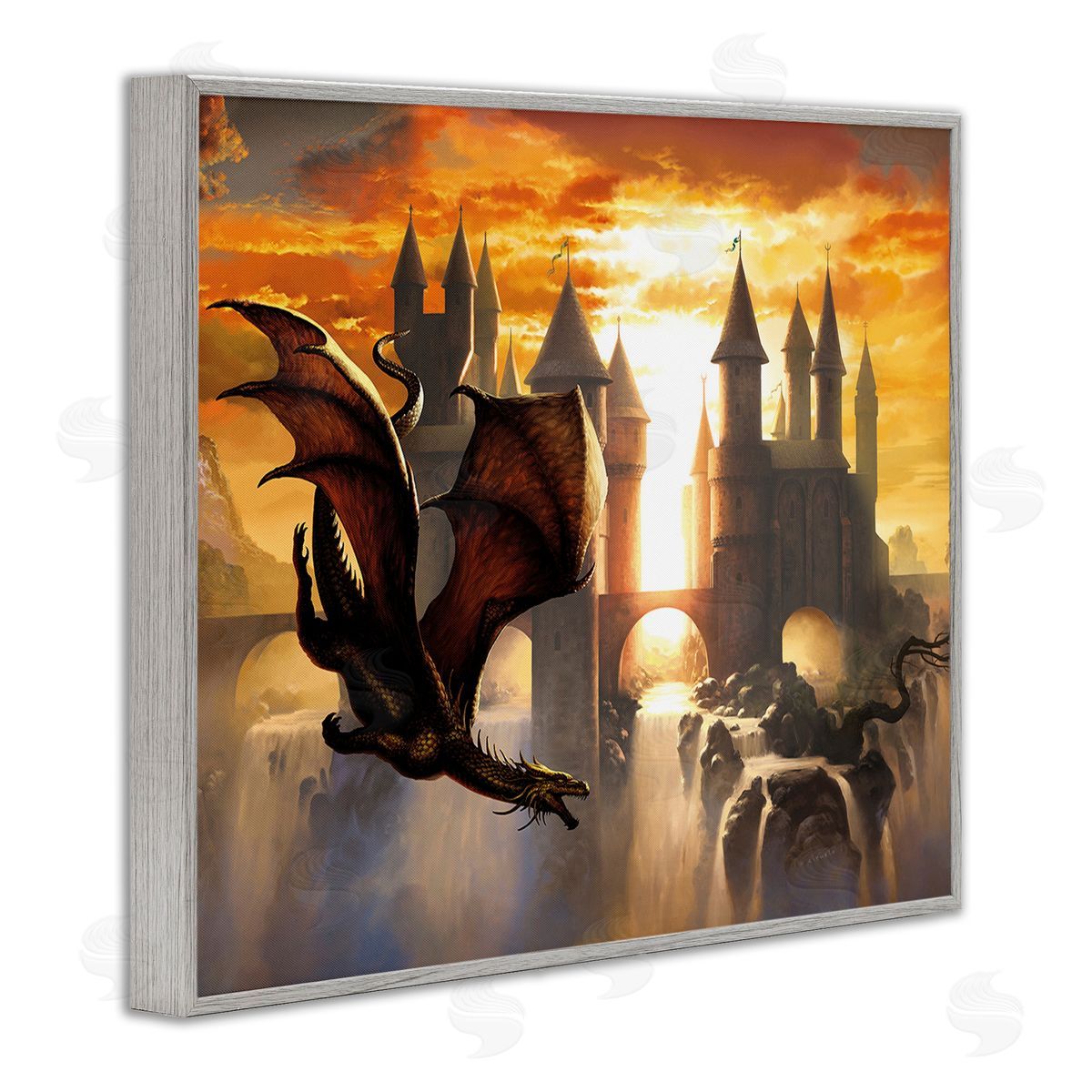 Ciruelo Dragon & Castle Waterfall Gray Framed Giclee Wall Art Print