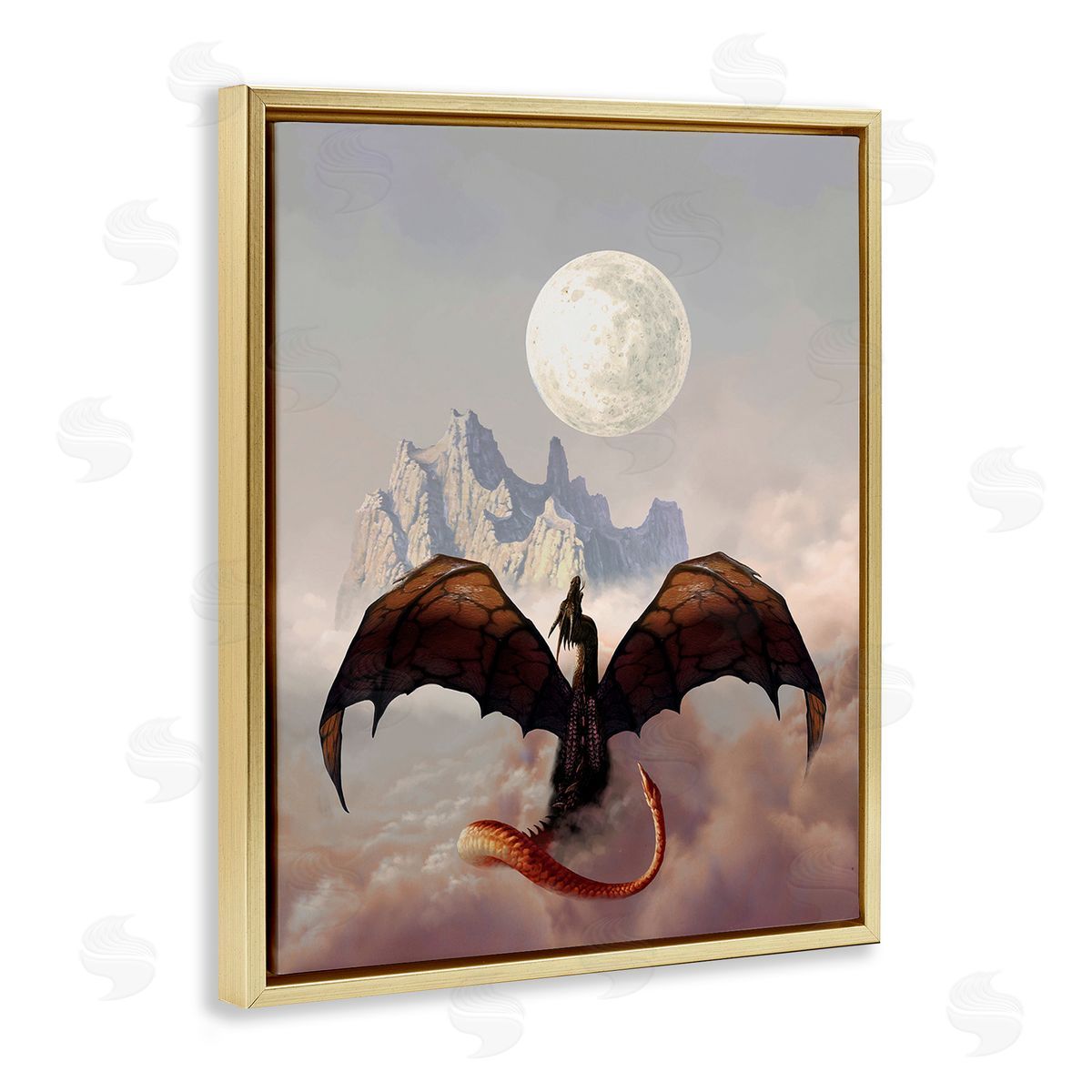 Ciruelo Dragon & Full Moon Gold Floating Frame Canvas Wall Art Print
