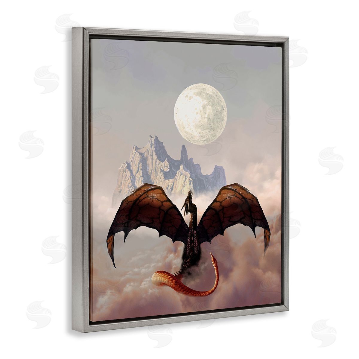 Ciruelo Dragon & Full Moon Gray Floating Frame Canvas Wall Art Print