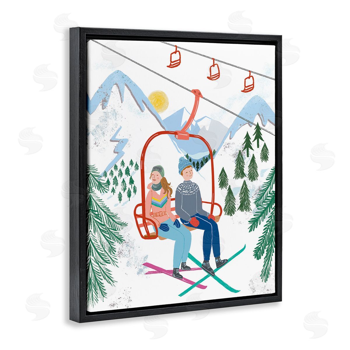 Jo Reid Winter Ski Lift Friends Black Floating Frame Canvas Wall Art Print