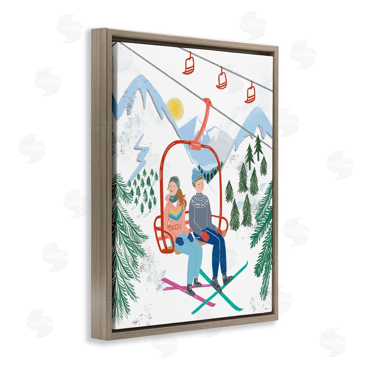 Jo Reid Winter Ski Lift Friends Brown Floating Frame Canvas Wall Art Print