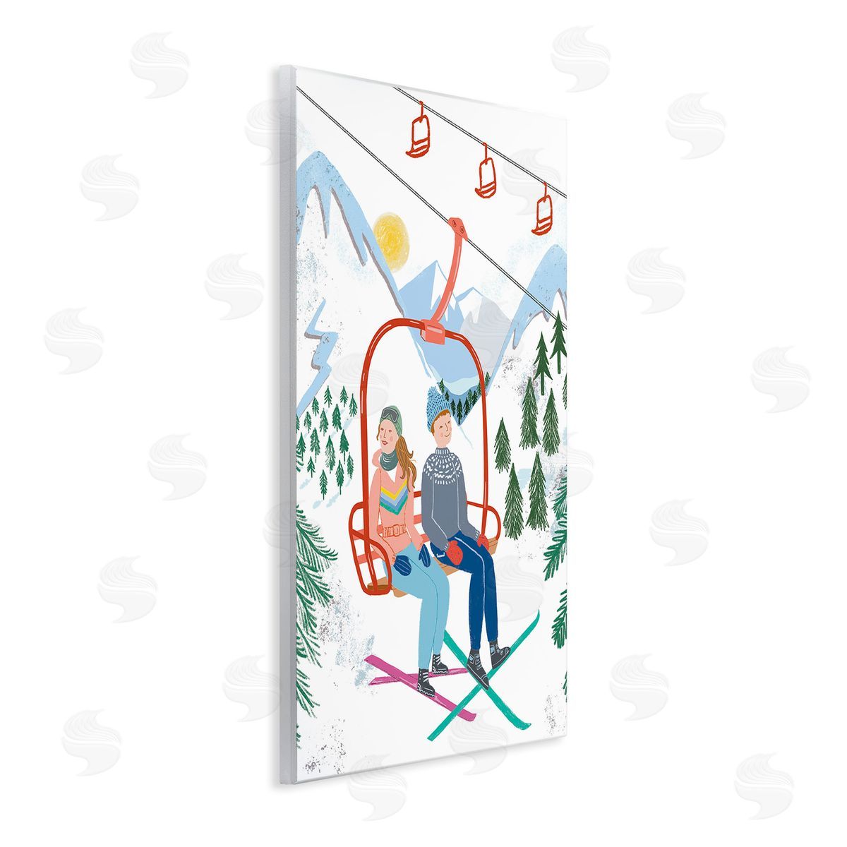Jo Reid Winter Ski Lift Friends Wooden Wall Plaque Art Print