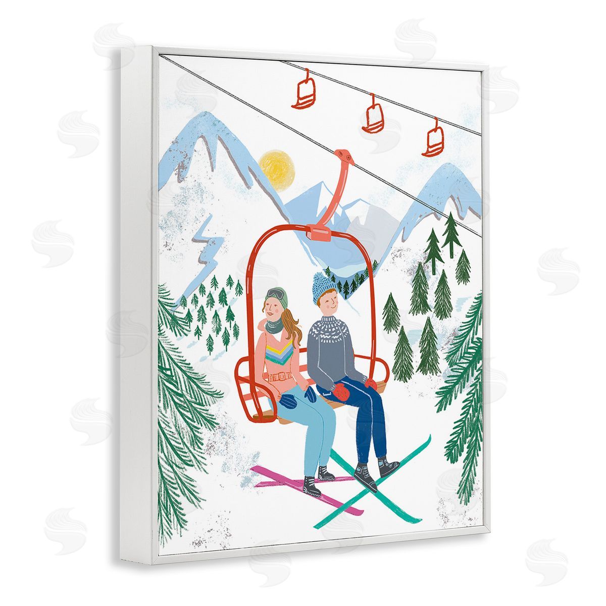 Jo Reid Winter Ski Lift Friends White Framed Giclee Wall Art Print