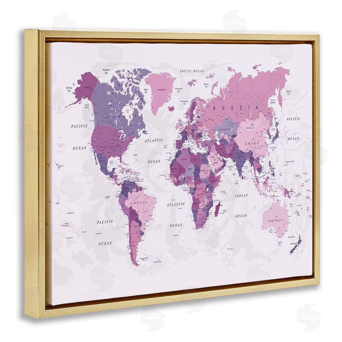 Urban Epiphany Detailed Pink World Map Gold Floating Frame Canvas Wall Art Print