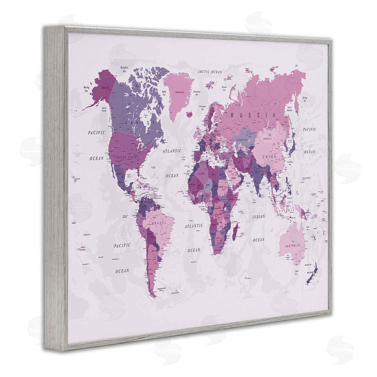 Urban Epiphany Detailed Pink World Map Gray Framed Giclee Wall Art Print