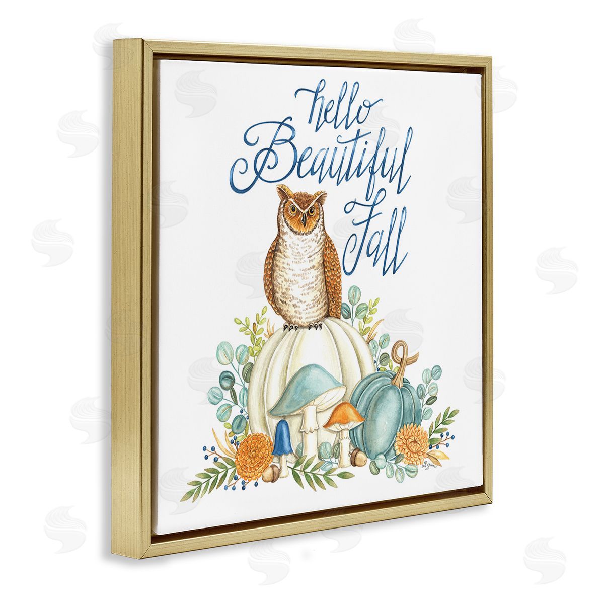 Deb Strain Beautiful Fall with Owl Gold Floating Frame Canvas Wall Art Print